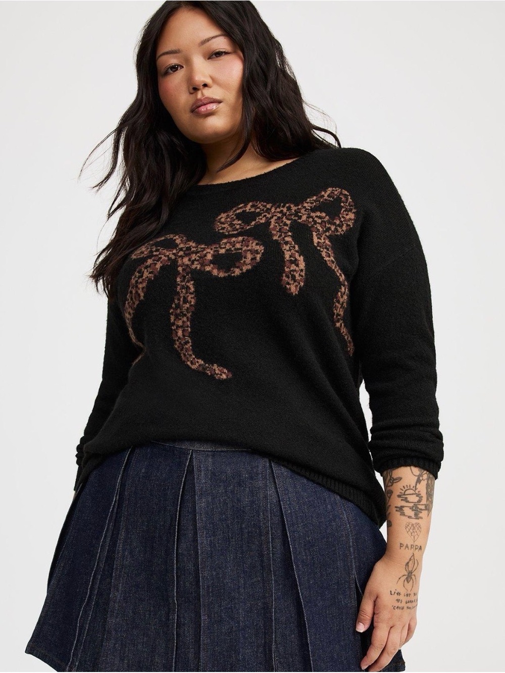 torrid vegan cashmere Black Sweater with Brown Leopard Bow Accents